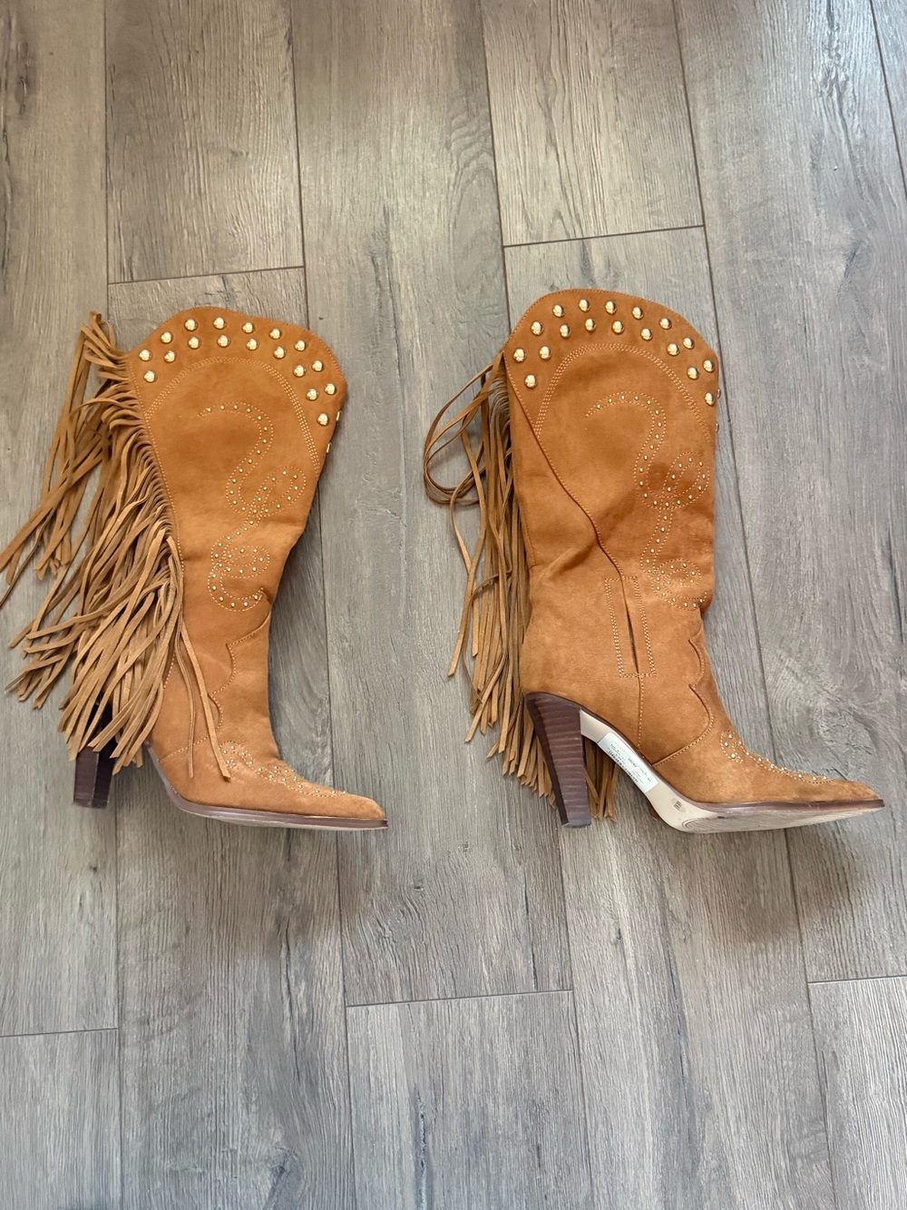 Jessica Simpson Tan Suede Fringe Studded Heeled Boots